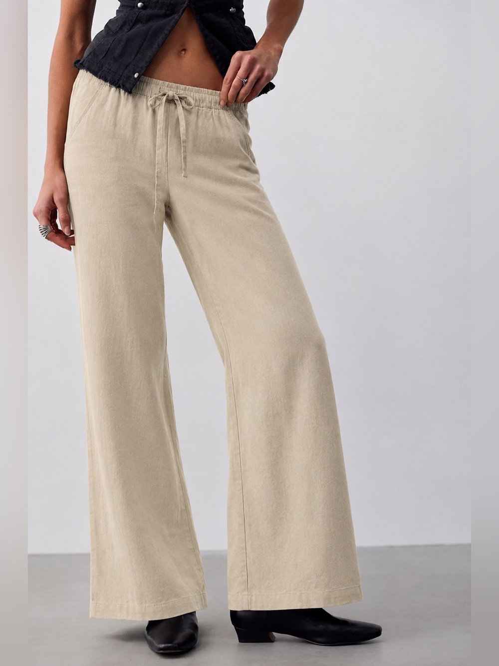 Hannah Canvas 100% Linen Wide-Leg Pants Beige Pull On Drawstring Lagenlook Boho
